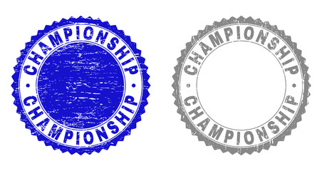 Grunge CHAMPIONSHIP stamp seals isolated on a white background. Rosette seals with grunge texture in blue and gray colors. Vector rubber imprint of CHAMPIONSHIP title inside round rosette.