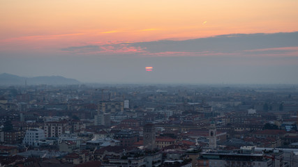Bergamo, Italy. Landscape to the new city (downtown) at the sunrise from the old town located on the top of the hill