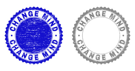 Obraz premium Grunge CHANGE MIND stamp seals isolated on a white background. Rosette seals with grunge texture in blue and grey colors. Vector rubber imitation of CHANGE MIND text inside round rosette.