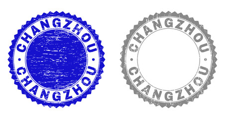 Grunge CHANGZHOU stamp seals isolated on a white background. Rosette seals with grunge texture in blue and gray colors. Vector rubber imprint of CHANGZHOU tag inside round rosette.