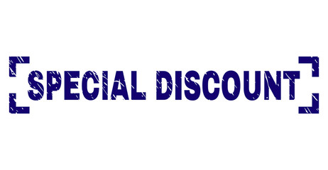 SPECIAL DISCOUNT text seal print with distress texture. Text label is placed between corners. Blue vector rubber print of SPECIAL DISCOUNT with unclean texture.