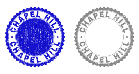 Grunge CHAPEL HILL stamp seals isolated on a white background. Rosette seals with grunge texture in blue and gray colors. Vector rubber overlay of CHAPEL HILL tag inside round rosette.