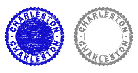 Grunge CHARLESTON stamp seals isolated on a white background. Rosette seals with grunge texture in blue and gray colors. Vector rubber overlay of CHARLESTON title inside round rosette.