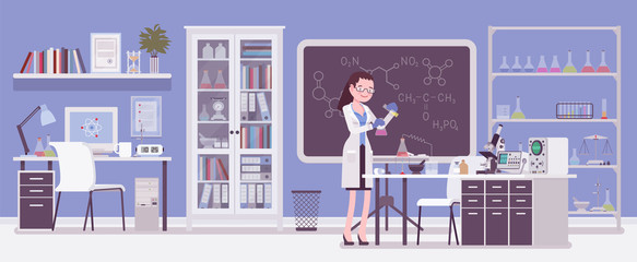 Female scientist working in laboratory. Young woman in white coat, scientific investigator does research in physical natural sciences. Vector flat style cartoon illustration isolated, white background
