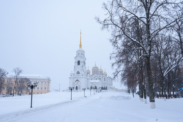 Uspensky Cathedral in Vladimir in the winter - an outstanding monument of white-stone architecture of Russia