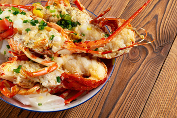 cooked lobsters close up with copy space