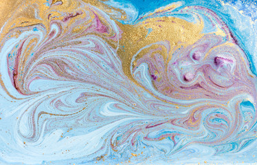 Blue, violet and gold marbling pattern. Golden marble liquid texture.