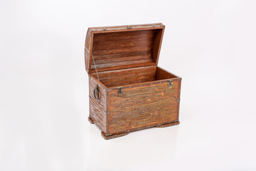 Wooden chest for household items and clothes on white background.