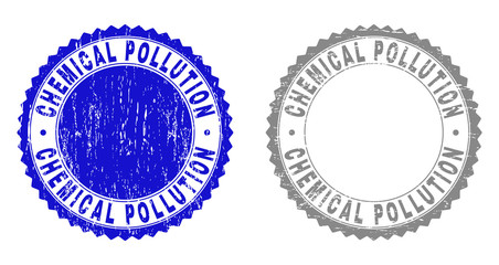 Grunge CHEMICAL POLLUTION stamp seals isolated on a white background. Rosette seals with grunge texture in blue and gray colors.