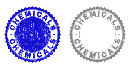 Grunge CHEMICALS stamp seals isolated on a white background. Rosette seals with grunge texture in blue and grey colors. Vector rubber watermark of CHEMICALS title inside round rosette.