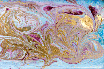 Blue, violet and gold marbling pattern. Golden marble liquid texture.