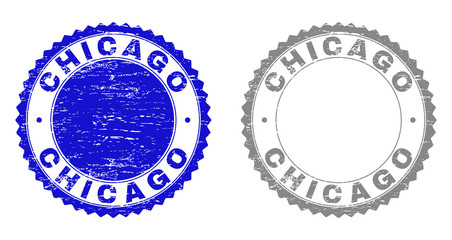 Grunge CHICAGO stamp seals isolated on a white background. Rosette seals with grunge texture in blue and gray colors. Vector rubber watermark of CHICAGO tag inside round rosette.
