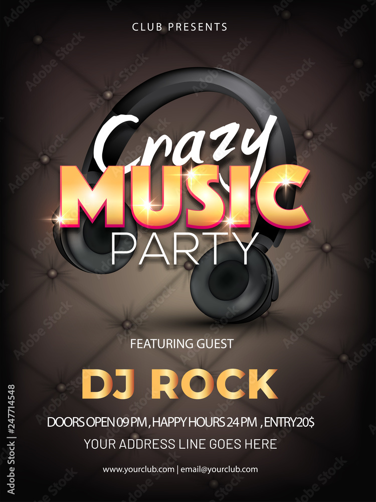 Poster crazy music party template or flyer design with time, date and venue details.