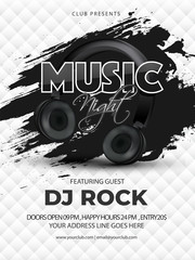 Music Night template or flyer design with illustration of headphone on abstract background.