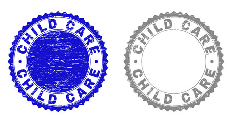 Grunge CHILD CARE stamp seals isolated on a white background. Rosette seals with grunge texture in blue and grey colors. Vector rubber overlay of CHILD CARE title inside round rosette.