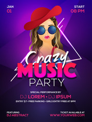 Beautiful girl illustration on glossy purple background for Crazy Music Party template or flyer design.