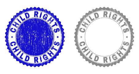 Grunge CHILD RIGHTS stamp seals isolated on a white background. Rosette seals with grunge texture in blue and gray colors. Vector rubber overlay of CHILD RIGHTS tag inside round rosette.