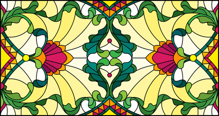 Illustration in stained glass style with abstract  swirls,flowers and leaves  on a yellow background,horizontal orientation