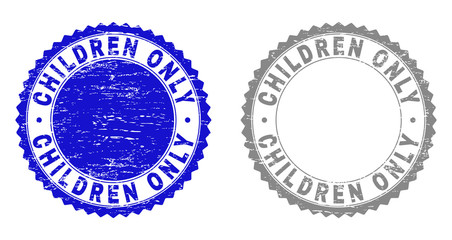 Fototapeta premium Grunge CHILDREN ONLY stamp seals isolated on a white background. Rosette seals with grunge texture in blue and grey colors. Vector rubber imprint of CHILDREN ONLY title inside round rosette.