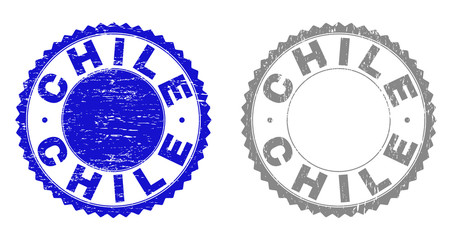 Grunge CHILE stamp seals isolated on a white background. Rosette seals with grunge texture in blue and grey colors. Vector rubber overlay of CHILE text inside round rosette.