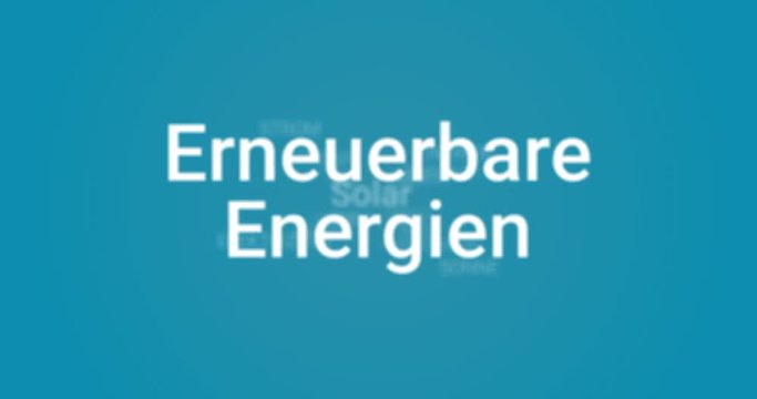 Erneuerbare Energie. Video Animation die Informationen &uuml;ber Alternative Energien zeigt (z.B. Erdw&auml;rme, Geothermie, W&auml;rmepumpe). Blauer Hintergrund, wei&szlig;er Text. Tag Cloud