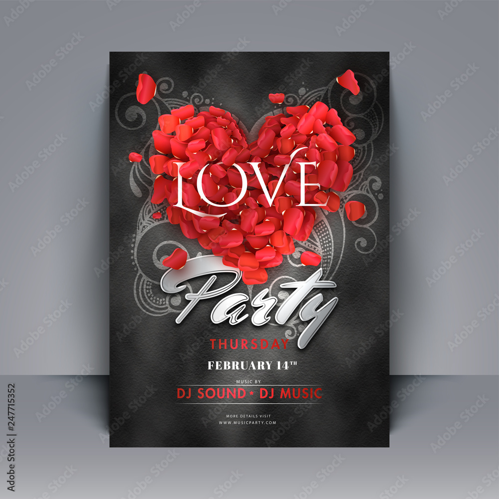 Poster Creative heart shape made by rose petals on chalkboard background for Valentine's Day celebration template or flyer design.