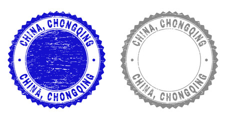 Grunge CHINA, CHONGQING stamp seals isolated on a white background. Rosette seals with distress texture in blue and grey colors. Vector rubber overlay of CHINA, CHONGQING caption inside round rosette.