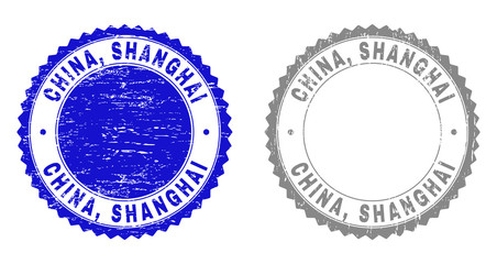 Obraz premium Grunge CHINA, SHANGHAI stamp seals isolated on a white background. Rosette seals with grunge texture in blue and grey colors. Vector rubber imitation of CHINA, SHANGHAI title inside round rosette.
