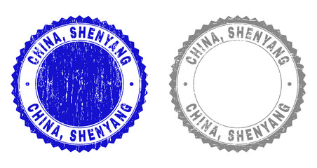 Grunge CHINA, SHENYANG stamp seals isolated on a white background. Rosette seals with grunge texture in blue and grey colors. Vector rubber imitation of CHINA, SHENYANG caption inside round rosette.