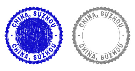 Grunge CHINA, SUZHOU stamps isolated on a white background. Rosette seals with grunge texture in blue and grey colors. Vector rubber overlay of CHINA, SUZHOU tag inside round rosette.