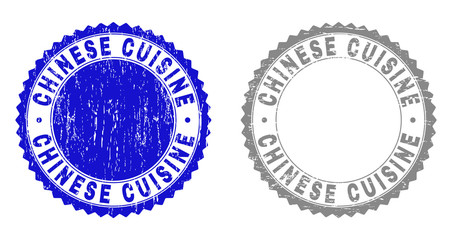 Grunge CHINESE CUISINE stamp seals isolated on a white background. Rosette seals with grunge texture in blue and grey colors. Vector rubber imitation of CHINESE CUISINE text inside round rosette.