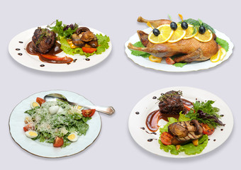 Fried chicken with oranges on a plate. Meat in a sauce with mushrooms on a plate. Meat with greens on a plate.