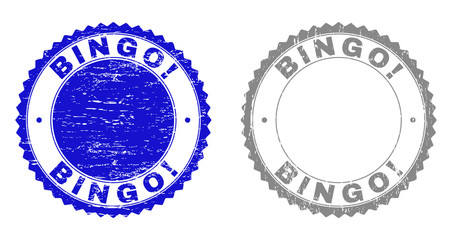 Grunge BINGO! stamp seals isolated on a white background. Rosette seals with grunge texture in blue and gray colors. Vector rubber imitation of BINGO! text inside round rosette.