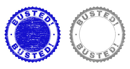 Grunge BUSTED! stamp seals isolated on a white background. Rosette seals with grunge texture in blue and grey colors. Vector rubber watermark of BUSTED! tag inside round rosette.