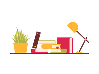 bookshelf design: stacks of books, a room flower and a lamp are located on it. Vector illustration isolated of white background