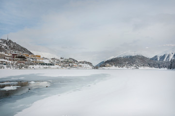 St. Moritz, St. Moritzersee, Oberengadin, Muottas Muragl, Alpen, Corviglia, Winter, Wintersport, Graubünden, Schweiz