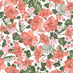 Seamless tropical flower. Tropical plumeria, hibiskus and palm leaves. Fabric swatch with paradise flowers isolated over white background. Vector illustration. © Kotkoa