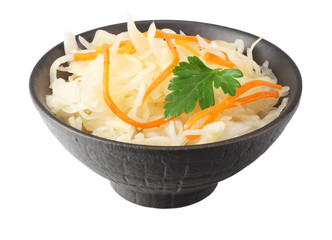 pickled cabbage and carrots in black bowl isolated on white background