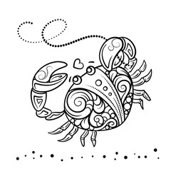 Vector sea crab doodle illustration. Undersea world adult coloring page.