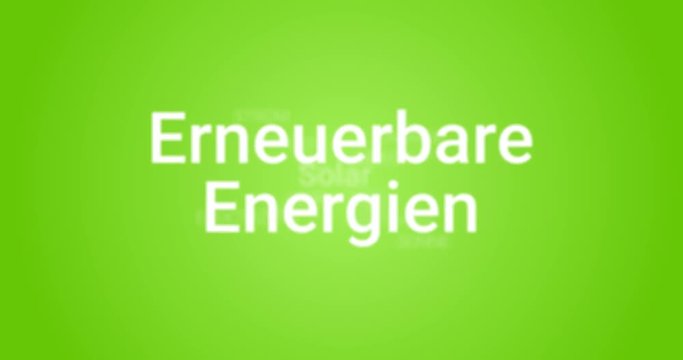 Alternative Energie. Video Animation die Informationen &uuml;ber Erneuerbare Energien zeigt (z.B. Windenergie, Windpark, Kraftwerk). Gr&uuml;ner Hintergrund, wei&szlig;er Text. Tag Cloud