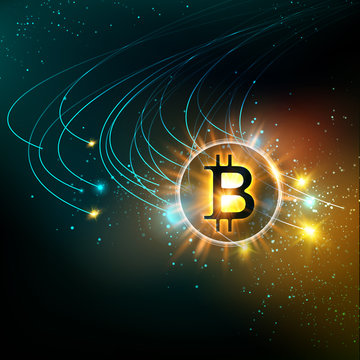 Shining bitcoin symbol with light splashes and sparks. Golden blockchain space concept. Cryptocurrency symbol illustration with peer to peer network background. Vector illustration.