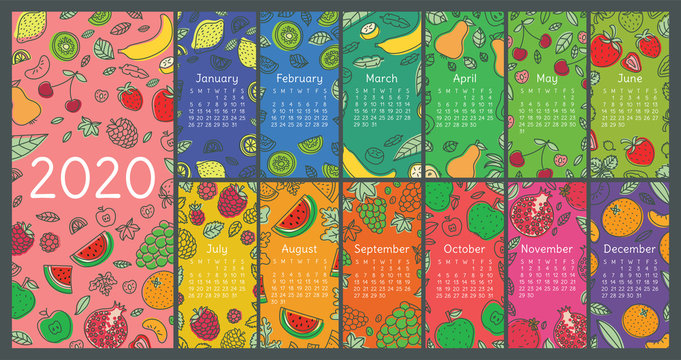 Calendar 2020. Vector English wall calender template. Fruits, berries. Lemon, kiwi, banana, pear, cherry, strawberry, raspberry, watermelon, grapes, apple, pomegranate and mandarin. Hand drawn design