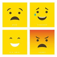 High quality vector cartoon set with wow, ashamed, big grin and angry emoticons with Flat Design Style, social media reactions - Vector EPS10