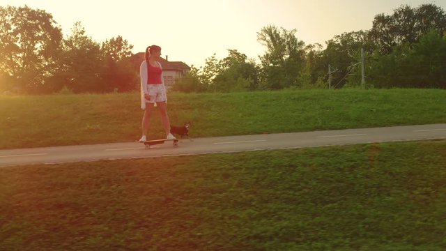 SLOW MOTION: Adorable miniature pinscher runs along the happy Caucasian woman riding her longboard on an idyllic summer evening. Happy little dog running next to girl riding an electric skateboard.