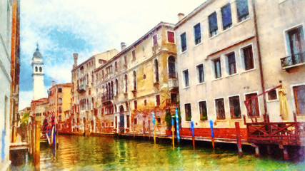 Fototapeta na wymiar Romantic scenery of Venice, Italy. Computer painting.