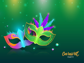 Carnival party poster or banner design with illustration of party masks pm green background.