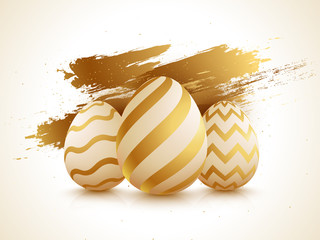 Glossy easter eggs on golden brush stroke background for Easter celebration poster or banner design.