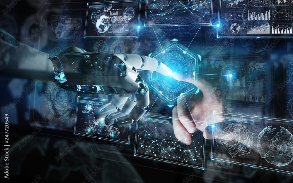Fototapete robot hand and human hand touching digital graph interface 3d rendering
