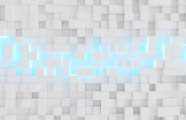 Glowing white and blue squares background pattern 3D rendering
