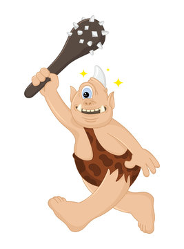 Funny cartoon vector Cyclops caveman with a cudgel hunts. Ancient mythical creature. Cute troll. Design for print, emblem, t-shirt, party decoration.